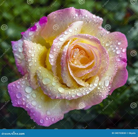 Magnificent Rose Flower Gloria Dei In Drops Of Water After Rain Stock