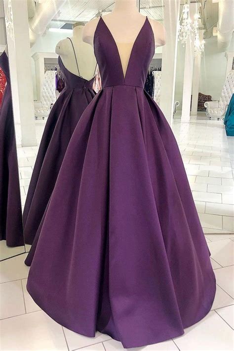 V Neck Backless Purple Satin Long Prom Dress Backless Purple Formal