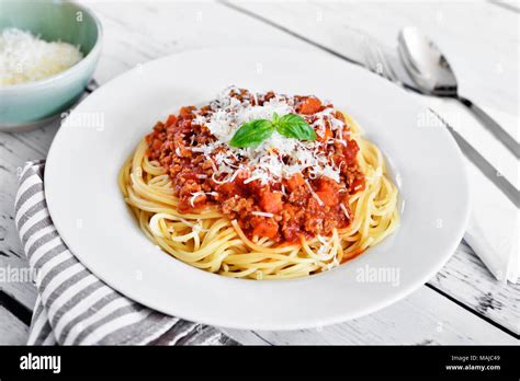 Delicious Pasta Meal Spaghetti Bolognese On A White Plate Pasta Dish