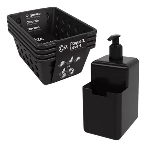 Kit Dispenser Para Detergente E Cestinhos Multiuso Single Cor Preto