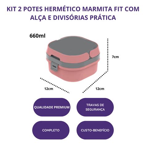 Kit 2 Potes Hermético Marmita Fit Alça e Divisórias Prática