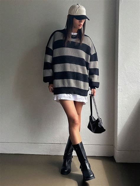 Dazy Striped Pattern Drop Shoulder Sweater Shein Usa