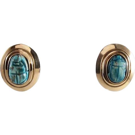 Antique Egyptian Faience Scarab Earrings In Handwroug Gem