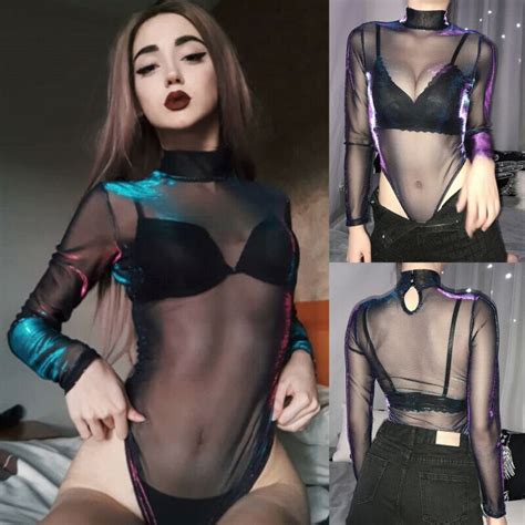 Long Sleeve Hollow Out Mesh Fishnet Women Goth Gothic Sexy Shirt Top