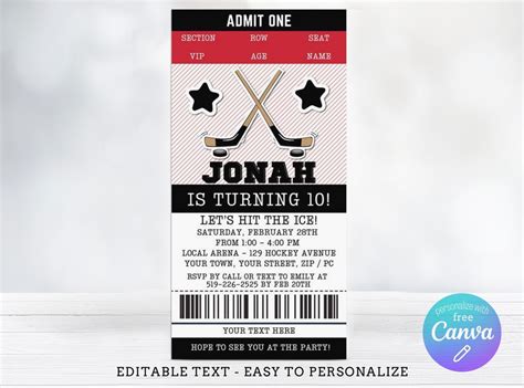 Editable Hockey Birthday Invitation Thank You Tags Red Etsy