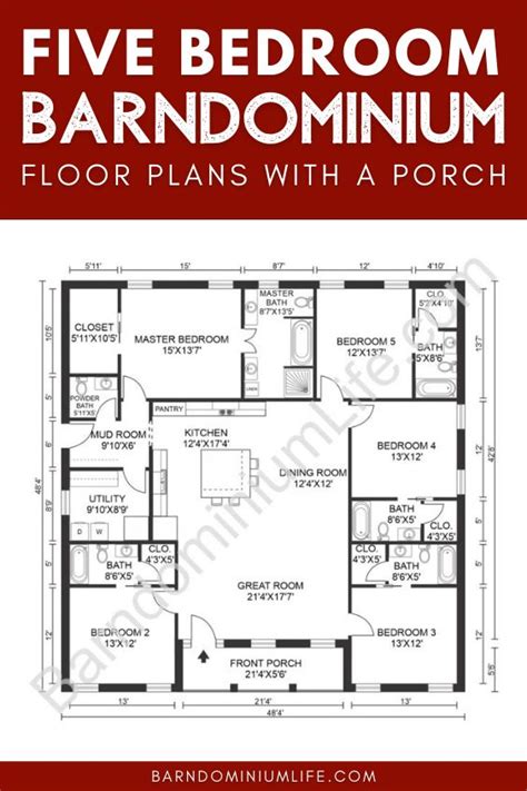 5 Bedroom Barndominium Floor Plan with a Porch | Barndominium floor ...