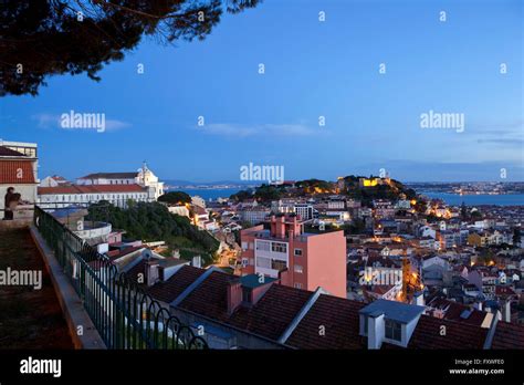 Sao Jorge Castle Lisbon Portugal Skyline At Sunset Stock Photo Alamy