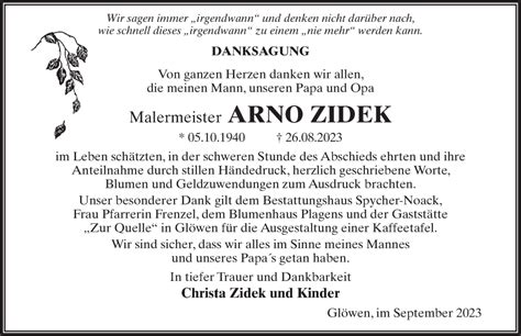 Traueranzeigen Von Arno Zidek Trauer Anzeigen De