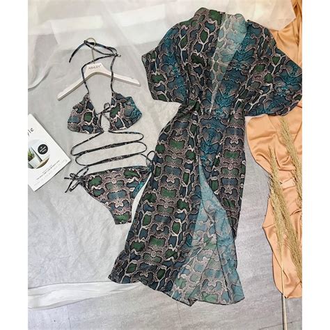 COCA Bikini 3 Piece Swimwear Set With Blue Snake Skin Pattern