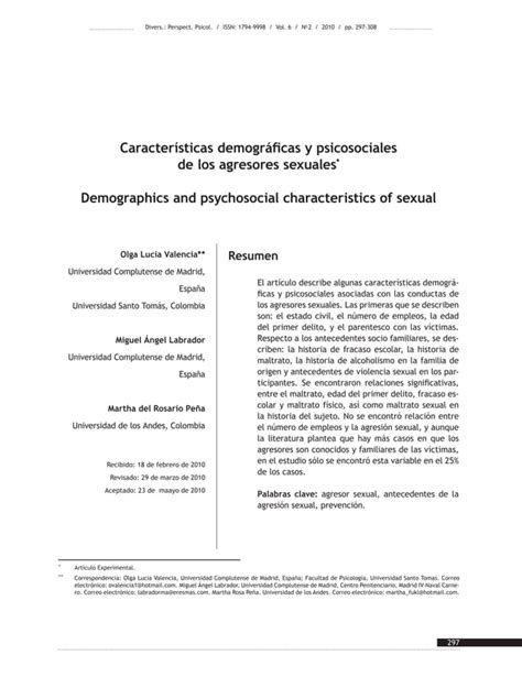 Caracteristicas Demogr Ficas Y Psicosociales De Los Agresores Sexuales