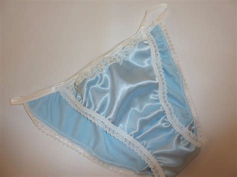 PALE BLUE Shiny SATIN Panties MINI TANGA String Bikini Ivory Lace Made In France EBay De
