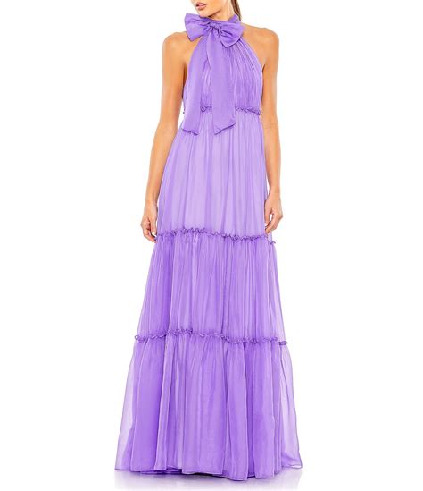 Mac Duggal Chiffon Halter Bow Neck Sleeveless Pleated Ruffle Tiered