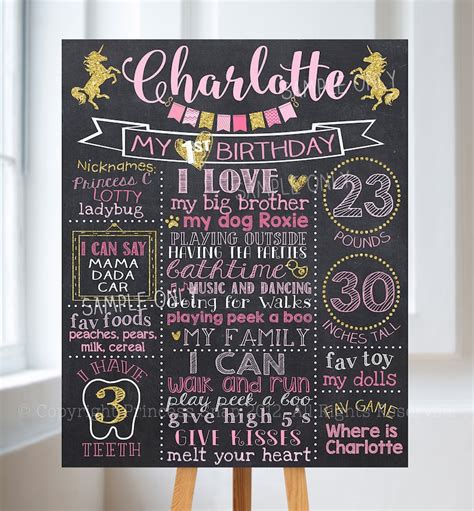 Unicorn First Birthday Chalkboard Poster Unicorn Pink And Etsy