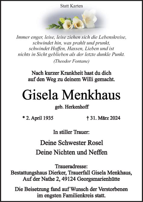 Traueranzeigen Von Gisela Menkhaus Noz Trauerportal