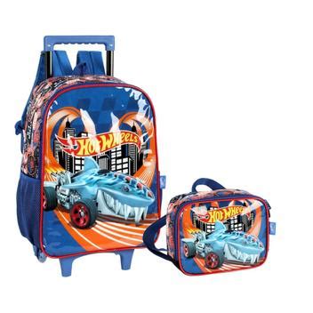 Kit Escolar Mochila De Rodinhas E Lancheira Hot Wheels Azul Luxcel Material Escolar