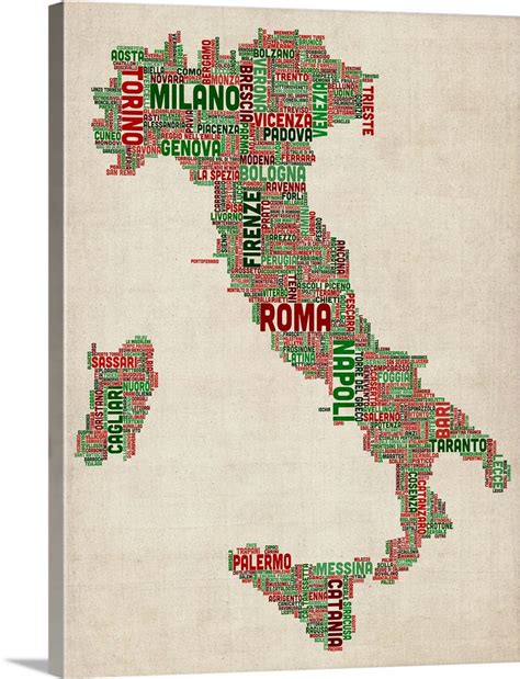 Italian Cities Text Map Italian Colors On Parchment Wall Art Canvas