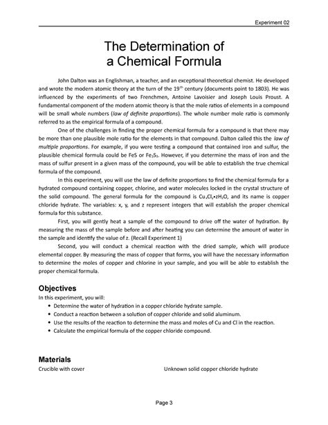 Experiment The Determination Of A Chemical Formula Experiment