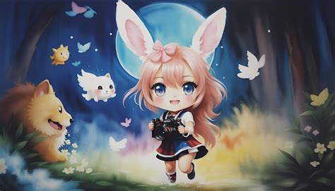 Premium AI Image | AI generated cartoon water color style cute chibi bunny girl joining world ...