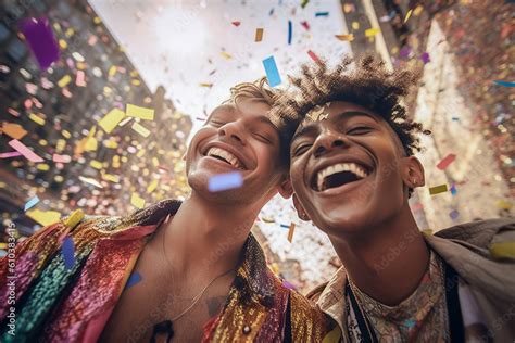 Happy Generative Ai Couple At Lgbtq Gay Pride Parade In New York Usa