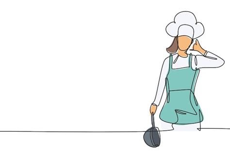 Premium Vector Continuous One Line Drawing Female Chef With Call Me