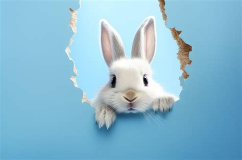 Premium AI Image Bunny Peeking Out Of A Hole In Blue Wall Fluffy Eared