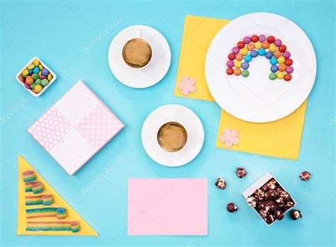 Colorful Still Life With Sweets And Present On Blue Background Stock