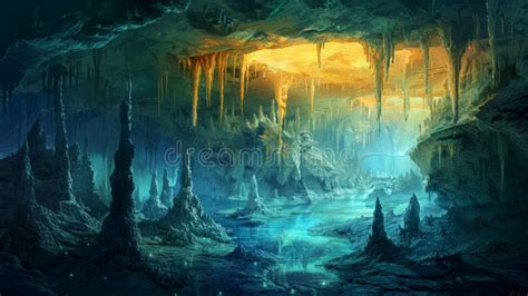 Cave Filled with Water and Trees Stock Illustration - Illustration of ...