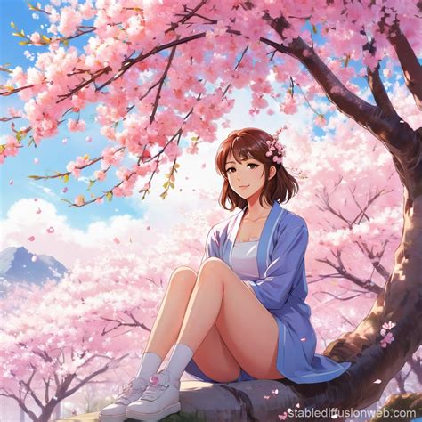 Anime Style Reiko Painting Under Cherry Blossom Tree Stable Diffusion