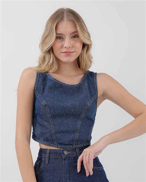 Riachuelo Regata jeans juvenil cropped lastex denim médio Y C