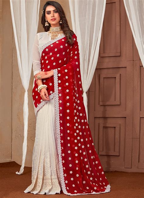 Shop White Faux Georgette Embroidered Saree Party Wear Online At Best