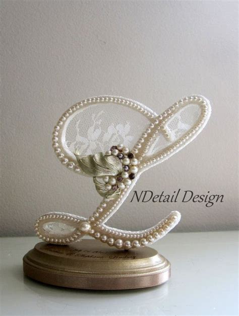 Wedding Cake Topper Custom Letter L Vintage Ivory Pearls Lace