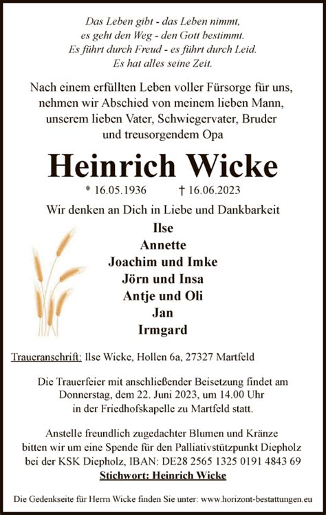 Traueranzeigen Von Heinrich Wicke Trauer Kreiszeitung De