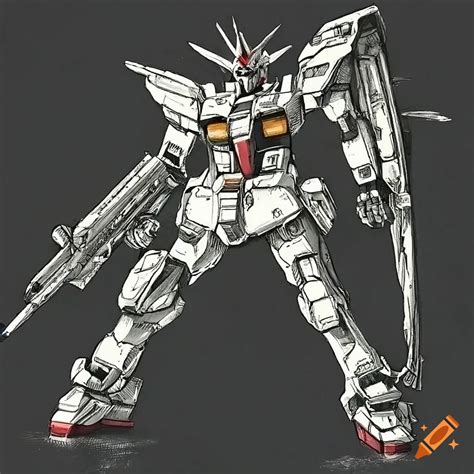 Detailed Pen And Ink Illustration Of A Gundam With Weapons On Craiyon