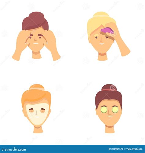 Cosmetology Icons Set Cartoon Vector Girl Takes Care Of Her Face Stock