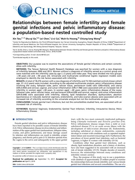 Pdf Relationships Between Female Infertility And Female Genital Infections And Pelvic