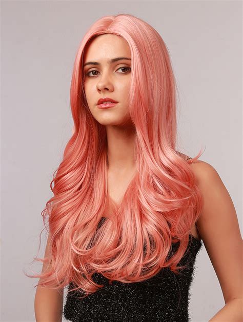 Pink Wig Body Wave Long Synthetic Wig Without Bangs Heat Resistant Hair ...