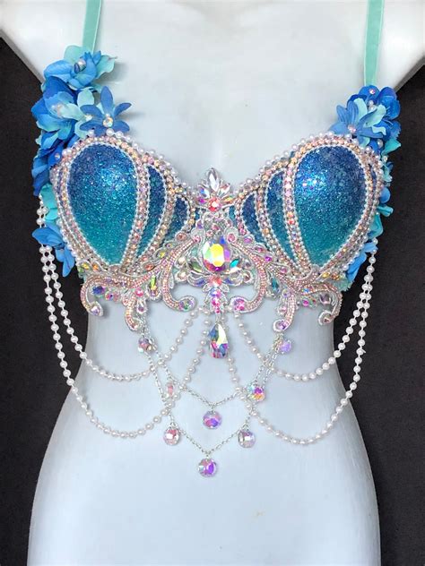 Blue Aqua Glitter Mermaid Bra Blue Aqua With Iridescent Accents Glitter Shells Silver Chain