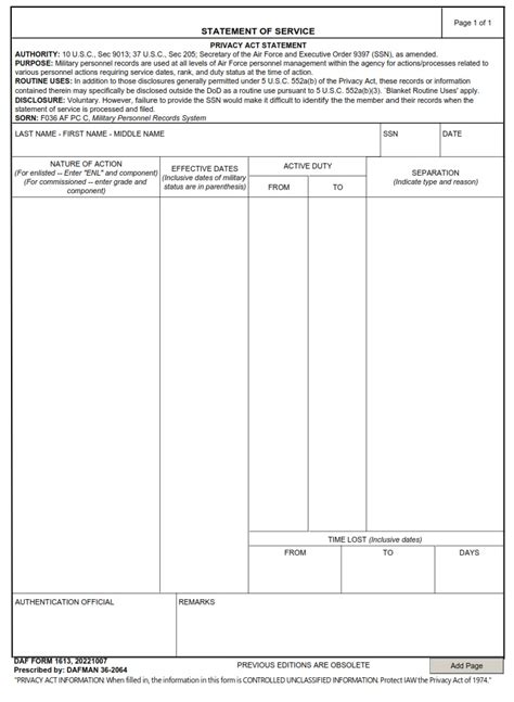 Daf Form 1613 Statement Of Servic Af Forms