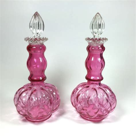 Pair Fenton Cranberry Or Ruby Overlay Diamond Optic Melon Glass Perfume Decanter Bottles