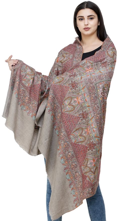 Simply Taupe Pure Pashmina Shawl From Kashmir With Sozni Hand