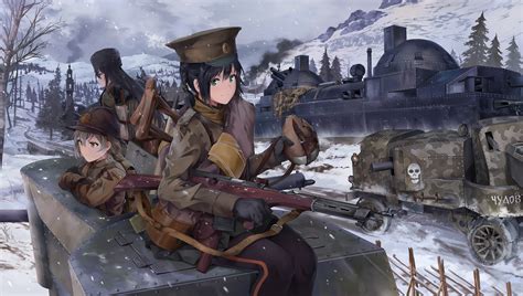 Wallpaper Neko Yanshoujie Anime Girls Battlefield 1 Tank Nature Weapon Train Snow