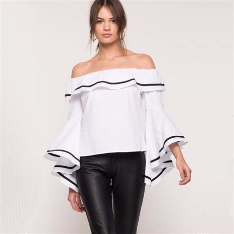 Womens Off The Shoulder Ruffle Long Sleeve Blouse Clothing Shoes