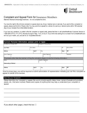 Fillable Online Complaint And Appeal Form For Insurance Members