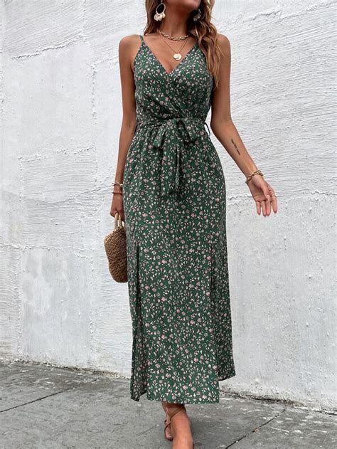 Shein Vcay Ditsy Floral Print Slit Hem Belted Cami Dress Shein In