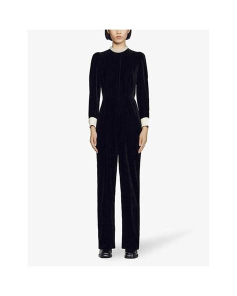 Sandro Pearl Embellished Long Sleeve Velvet Jumpsuit In Black Lyst