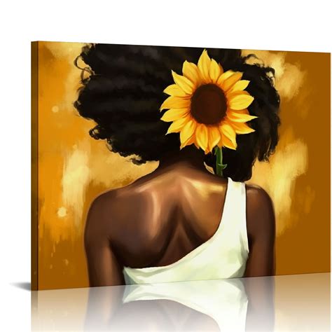 Jeuxus African American Wall Art Sunflower Black Woman Canvas Print