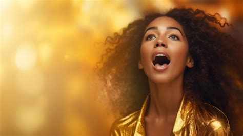 Premium Ai Image Woman Gasping In Awe Against A Shimmering Gold