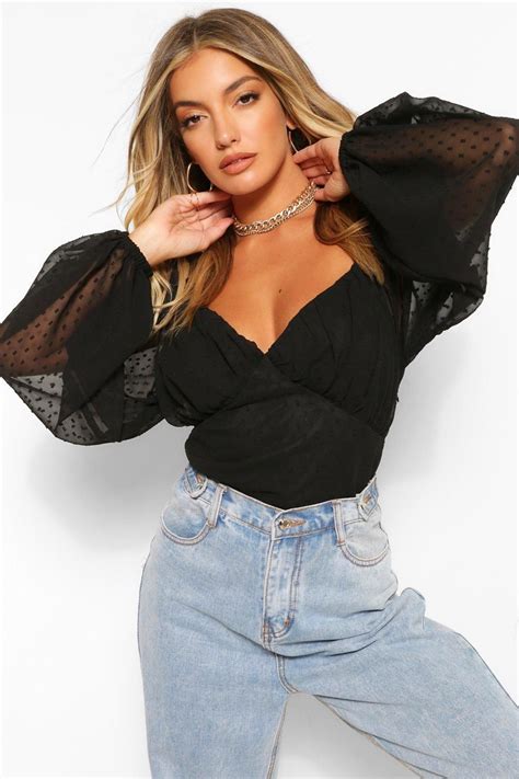 Dobby Mesh Ruched Cup Detail Blouse Black Blouse Women Ruching