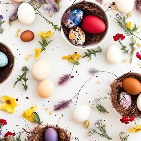 Premium AI Image A Collection Of Easter Eggs In Nests With Flowers