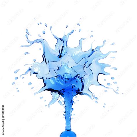 Liquid Fresh Blue Water Splash Out Of Bottle Isolated On White